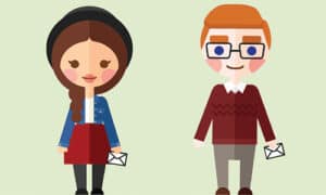 Illustration of a woman and man holding envelopes, representing clients and advisors.