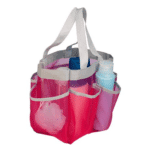 Pink college dorm essentials bag with toiletries and supplies.