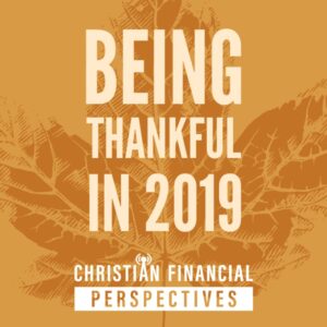 Abstract orange leaf with title Being Thankful in 2019 Christian Financial Perspectives Podcast Cover Art