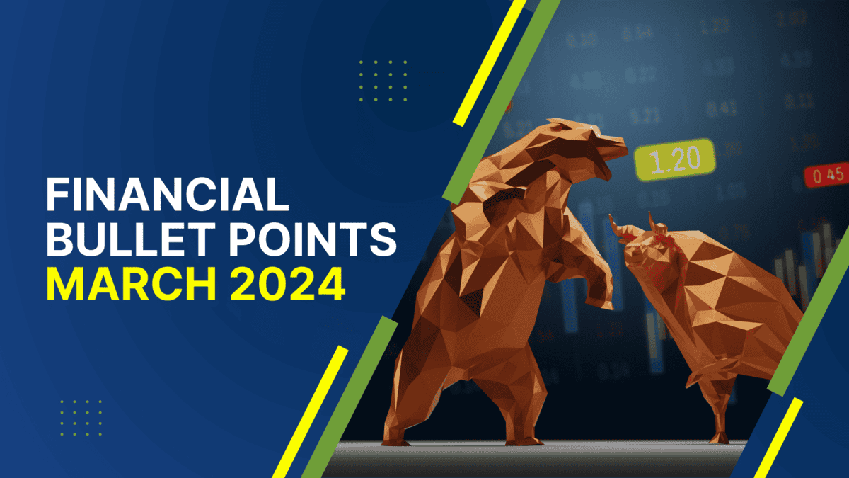 Bull and bear figurines with stock market data for March 2024.
