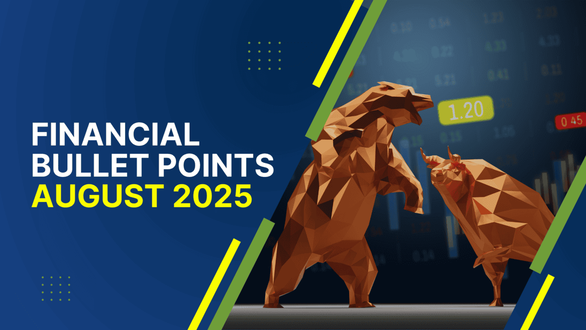 Bull and bear figures with stock market data for August 2025.