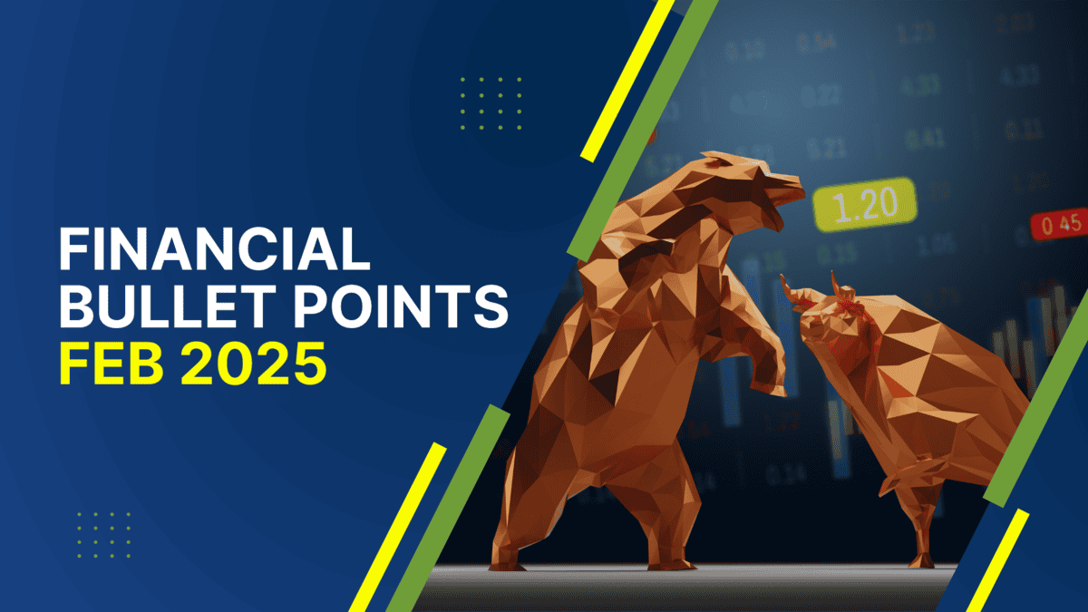 Bull and bear figurines with stock market data for February 2025.